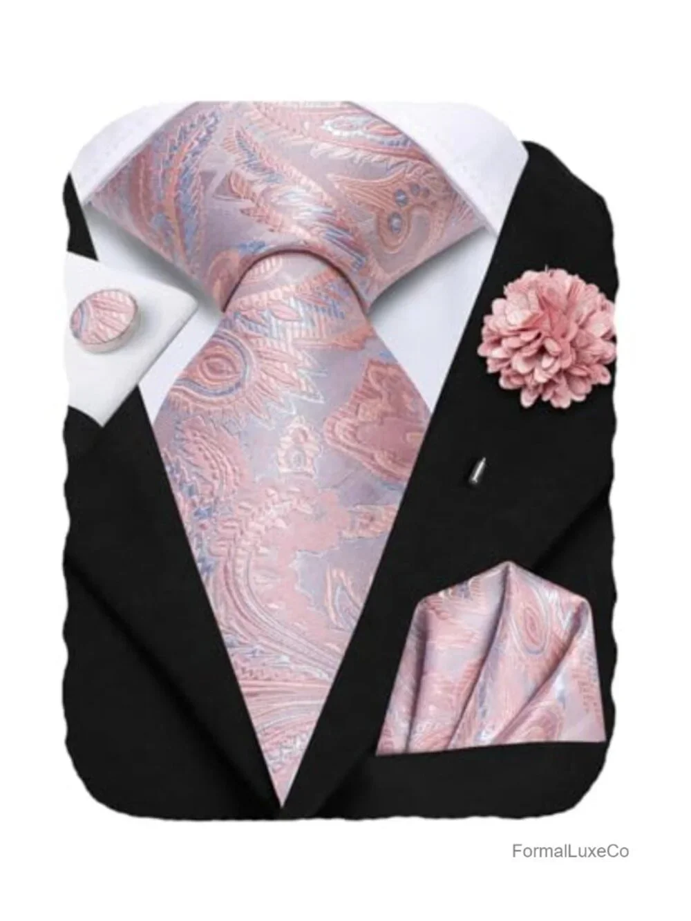 Silk Men's Tie & Accessory Set with Pocket Square, Cufflinks & Lapel Pin -
